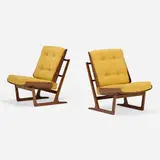 Modern, Chairs, pair, c. 1970, walnut, lacquered plywood, upholstery