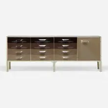 Raymond Loewy, DF 2000 cabinet, c. 1965, laminated wood, enameled aluminum, molded acrylic