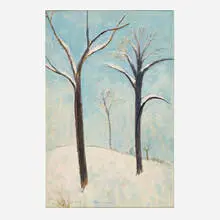 Snow Landscape by Gershon Benjamin, watercolor on paper, sold Nov 2022