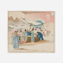 Lung Fu Sou (Chinese Curio Market) by Bertha Lum, 1924, woodcut in colors, sold Mar 2023