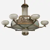 Art Déco, Chandelier with female nude and fawn, c. 1925, patinated and silvered bronze, frosted glass
