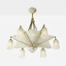 Art Deco-Style, Chandelier, zinc-plated brass, frosted glass