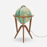 Edward Wormley, Cosmopolitan Globe, 1953, walnut, brass, printed paper over plastic