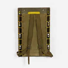 US Army backpack frame by Red Lion Cabinet Co., 1944, lacquered wood, canvas, rope, steel, sold Jan 2017