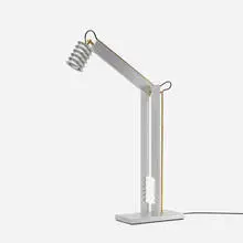 Martine Bedin, Swing table lamp, 1988, aluminum, turned aluminum, gold-plated steel tubing