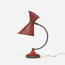 Mathieu Matégot, table lamp, c. 1955, perforated and enameled steel, brass, enameled aluminum, plastic