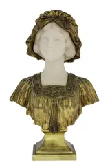 Raphael Febrari, Untitled, an Art Nouveau gilt bronze and marble bust of a young lady on a square plinth