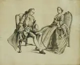 Untitled by Hubert-François Gravelot, 1699-1773) An elegant couple conversing pen and ink and grey wash 27 x 32cm, sold Sep 2020