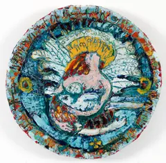 Angel Escorting Mrs. Markeley Into Heaven by Patricia Kaschalk, circa 1990, encaustic and acrylic on wood circular panel, 15 inches in diameter, offered Mar 2024