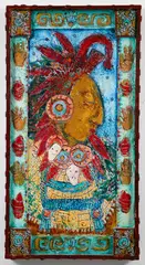 Welcome Back to Palenque by Patricia Kaschalk, 1990, encaustic and acrylic on wood cabinet door, offered Mar 2024