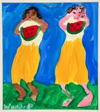 Two Girls with Watermelon by Woodie Long, oil on paper, offered Mar 2024