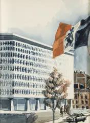 Henry Koerner, Bank Lambert, Brussels, 1976, watercolor on paper