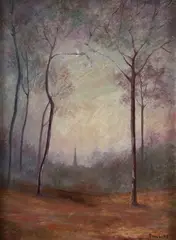 Marjorie Phillips, Hazy Landscape with Church Steeple in The Distance, oil on artist's board