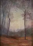 Marjorie Phillips, Hazy Landscape with Church Steeple in The Distance, oil on artist's board