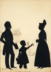 Auguste Edouart, Child with Parents, 3 Feet 3 inches 4 yr.s 1/2 , 1838, silhouette cut out laid on paper background with, ink outline of home