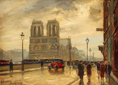 Henry Malfroy, Boulevard Near Notre Dame, Paris, oil on board