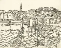 Bridge, Three Rivers Stadium by Henry Koerner, 1971, etching, offered Dec 2023