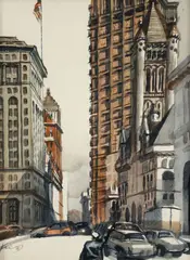 Henry Koerner, Downtown Pittsburgh, with US Steel Building and Court House, 1976, watercolor on paper