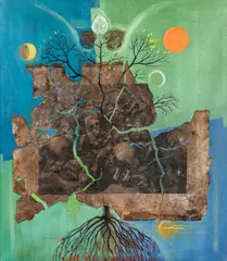 Future Man by Mary Shaw Marohnic, circa 1965, mixed media with acrylic and collage on canvas, offered Dec 2023