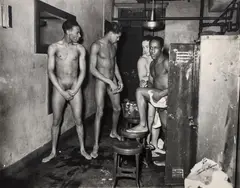 Lawren Harris, Teenie (American/Pittsburgh, 1908-1998), Four Nude Men in a Locker Room, taken c. 1938-1946, printed c.1980s, matte, photograph