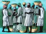 Women Merchants, late 20th/ by Claude Dambreville, acrylic on canvas, depicting women surrounded by baskets of produce, offered Dec 2023