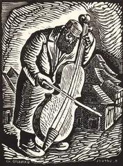 Chaim Goldberg, The Fiddler, woodblock print, 12 x 9 inches, pencil