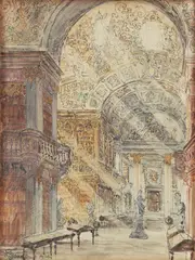 Wilhelm Trenkler, European Library and Museum Interior, 1926, watercolor and graphite on paper, since affixed to a backing board