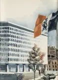 Henry Koerner, Bank Lambert, Brussels, 1976, watercolor on paper