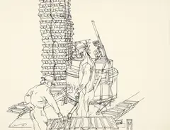 Construction Workers by Henry Koerner, 1975, pen and ink on paper, mounted to a backing board, offered Nov 2023