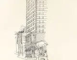 Henry Koerner, Downtown Street Corner with Vendor, c.1975-, 1976, pen and ink on paper, mounted to a backing board