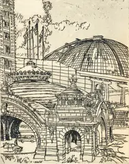 Pittsburgh Rail Road Station, Civic Arena by Henry Koerner, 1971, etching, offered Nov 2023