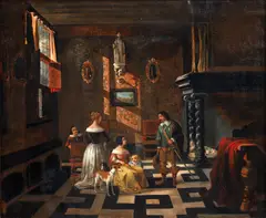 Pieter de Hooch, Dutch Interior with Visiting Gentleman Suitor, oil on canvas, relined