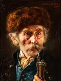 Gustav Köhler, Man Smoking Pipe with Fur Hat, oil on