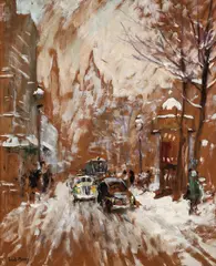 Fred Money, Snowy Day in Paris, gouache and ink wash on brown paperboard