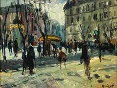 Alphonse Quizet, (French 1885-1955), Busy Parisian Square, oil on board