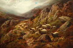 Robert Watson, Highlands Landscape with Sheep, Shepherd and Dog, 1906, oil on canvas, since laid down on board