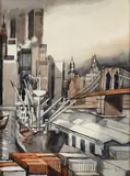 Henry Koerner, New York City Skyline, With the Twin Towers, 1976, watercolor on paper