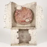 Henry Bursztynowicz, Martian Shrine, circa 1980, polished and, carved travertine marble and red Verona marble shrine-like form