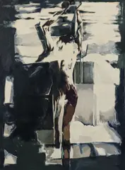 Balcomb Greene, (American 1904-1990), Figure Walking with Upraised Arms, 1960's, oil on canvas