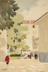 Pierre Adolphe Valette, Street Scene, Contrexeville, watercolor and pencil