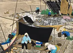 Fisherman, Teuri Island, 1967, color woodblock, 16.5 x 21.5 inches by Kitaoka Fumio, pencil, offered Aug 2023
