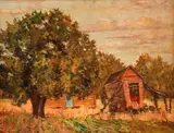 Harry Louis Hickman, Cabin in the woods, oil on canvas board, mid 20th century