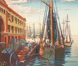 Louis Novak, Fish Pier, Boston, circa 1940, color, woodcut