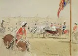 5th Lancers Passing by Robert Taylor Pritchett, watercolor, ink and gouache, offered Aug 2023