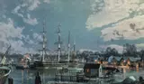 John Stobart, Mystic Seaport: The Charles W. Morgan at Chubb's Wharf by Moonlight, 1991, offset