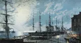 John Stobart, Philadelphia: Moonlight over the Delaware from the foot of Walnut Street in 1835, printed in 1985, offset