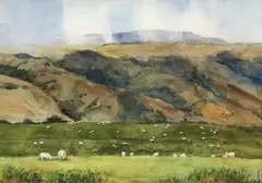 Grazing Sheep by Cynthia Cooley, 1985, watercolor, offered Aug 2023