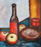 William Glen Davis, Title: Still Life with Apples and Bottle, oil on canvas, Dimensions: