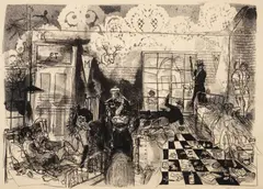 Warrington Colescott, The Hideout, 1966, lithograph in warm black on ivory wove paper