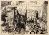 Warrington Colescott, The Hideout, 1966, lithograph in warm black on ivory wove paper